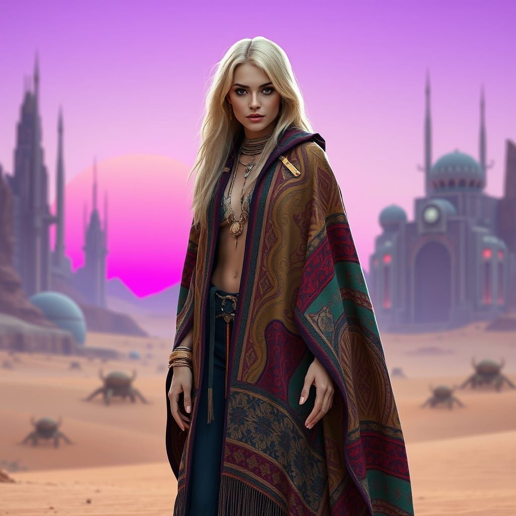 Futuristic Woman in Oriental Cape, Amidst Martian Desert Lan...