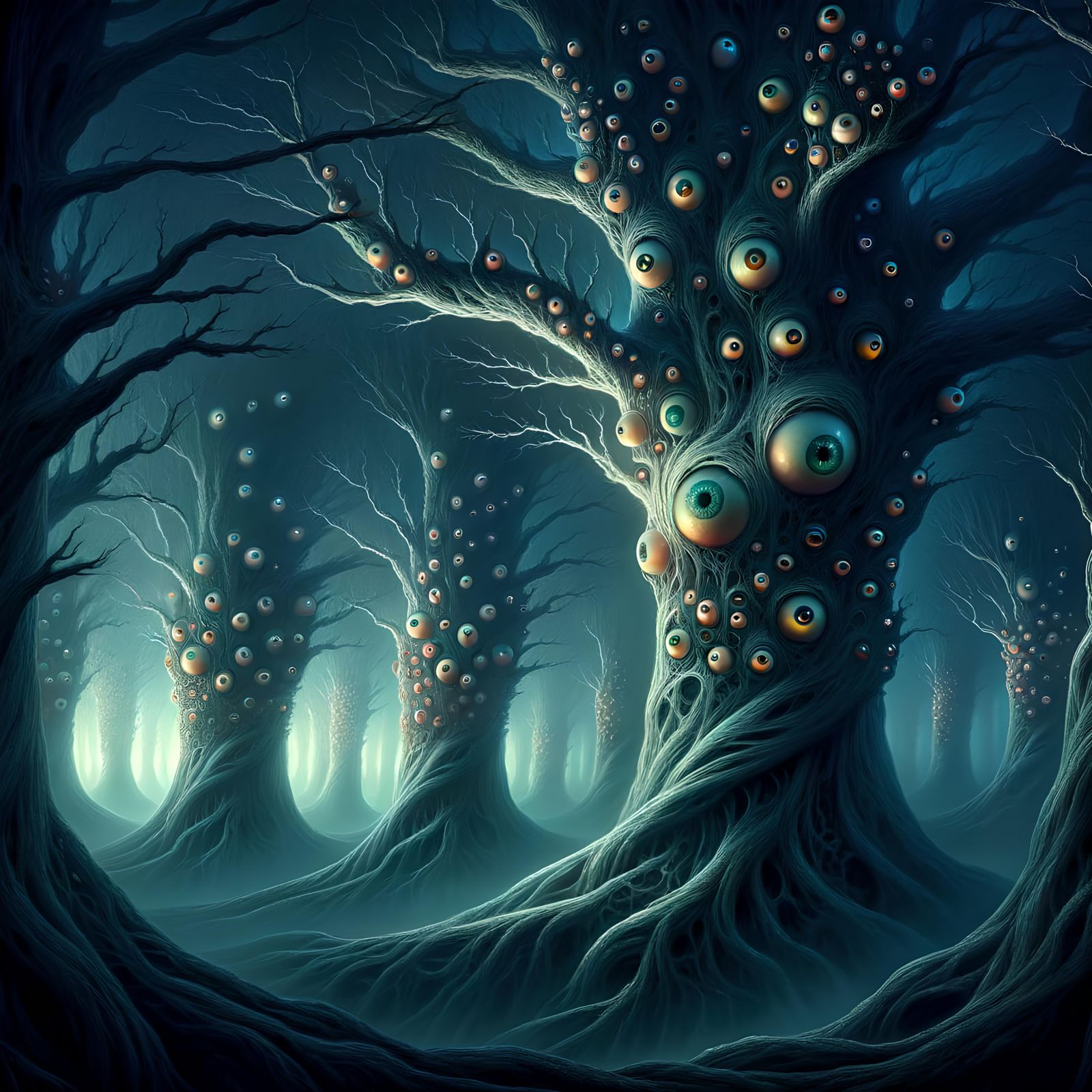 Eerie Glowing Eyeball Forest at Twilight