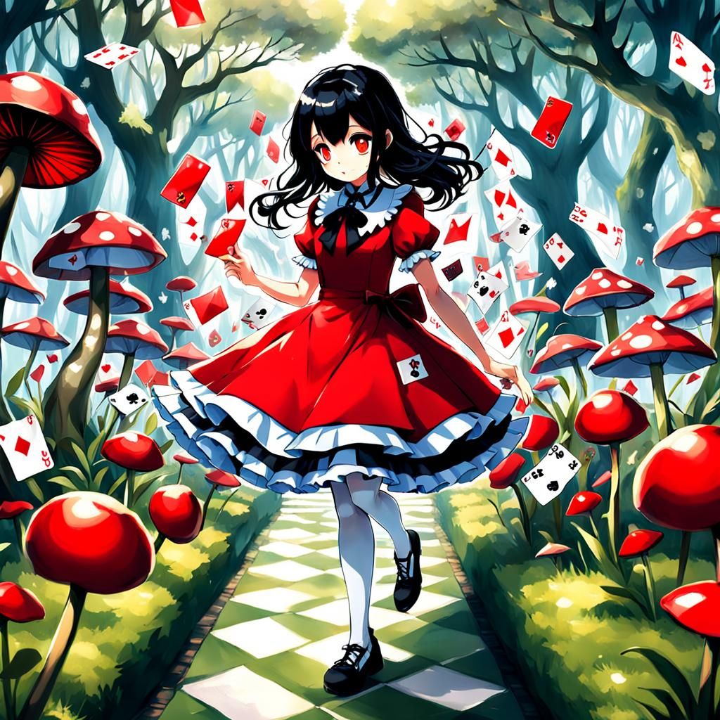 Girl in Red Dress Walks Through Wonderland, Anime Style