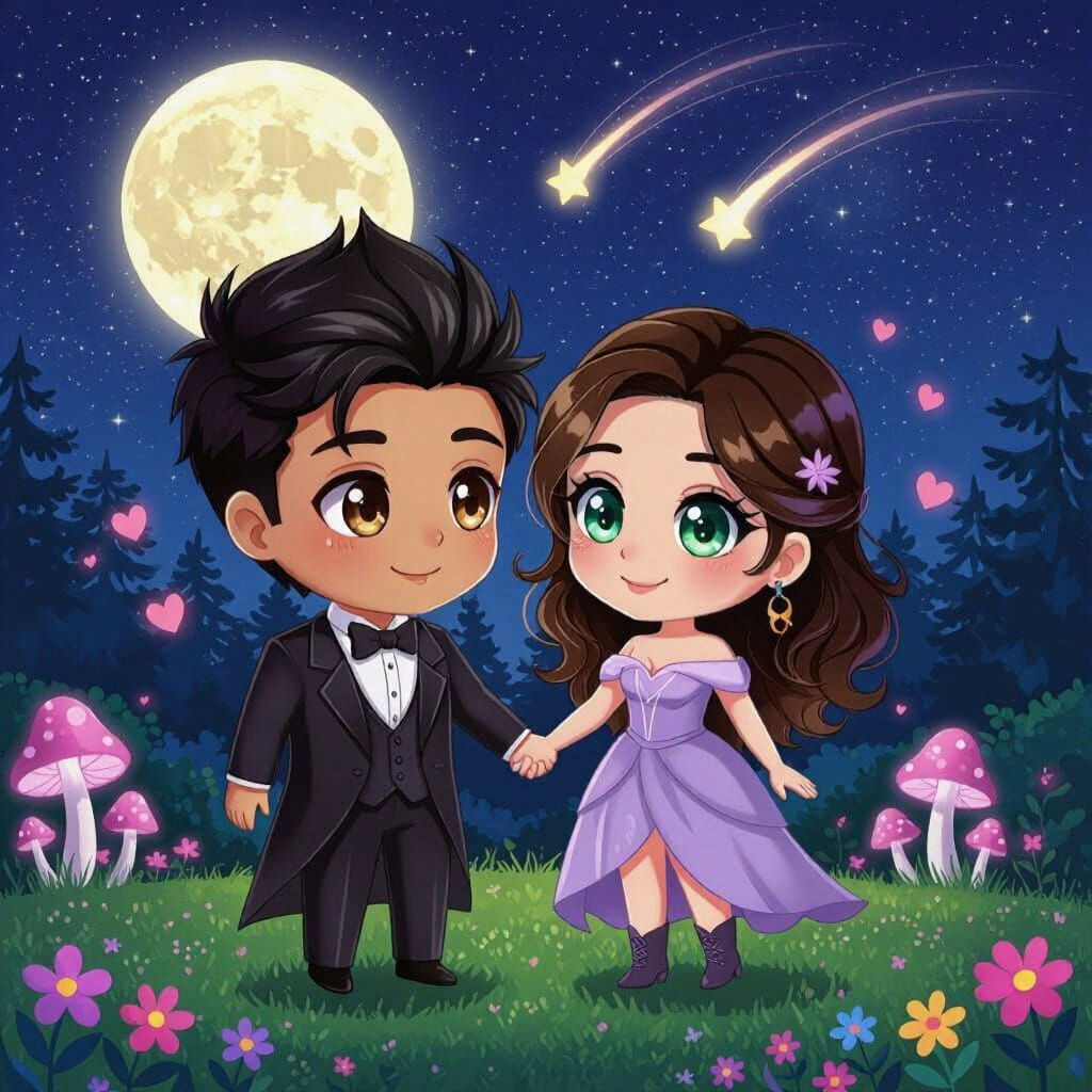 Cute Chibi Couple in Enchanted Forest Under Full Moon