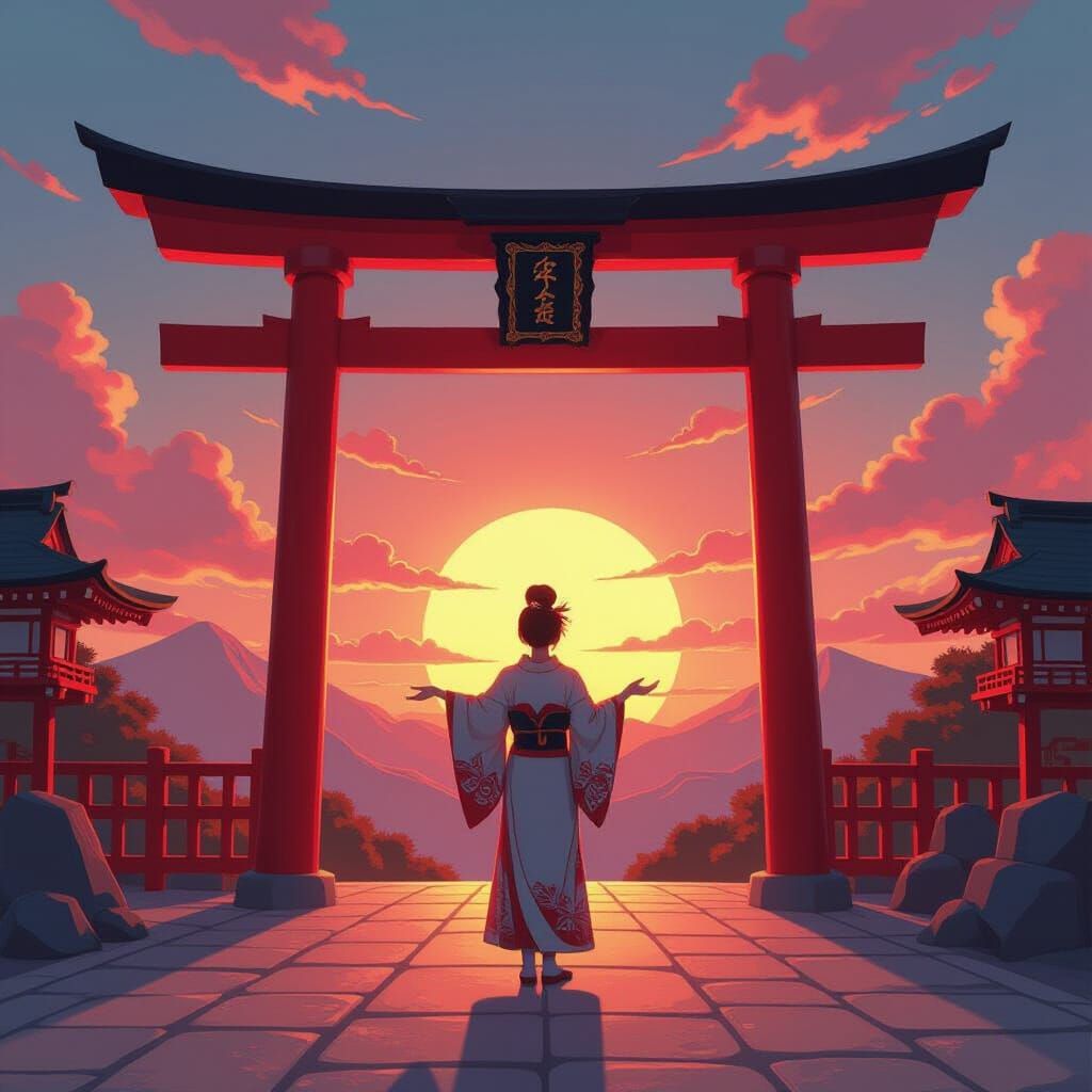 Miko Invites Entry Through Vibrant Torii Gate at Sunset