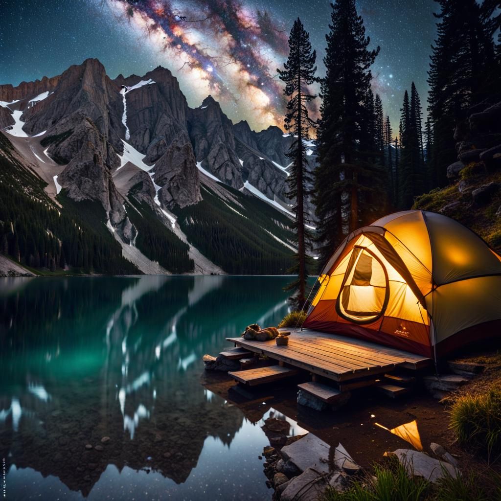Spectacular Mountain Lake Campsite Under Milky Way