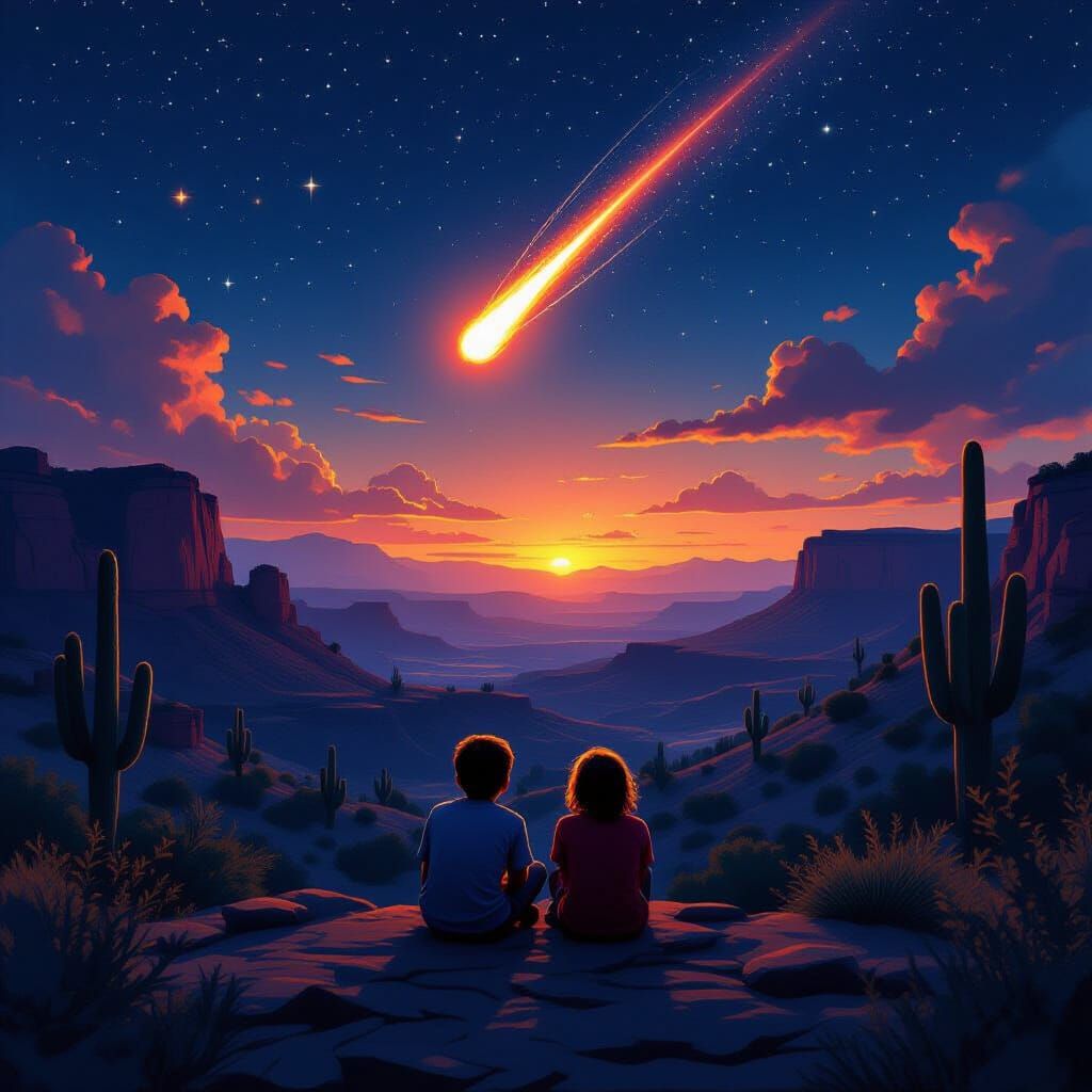 Fiery Meteor Over Mexican Village, Children Watch in Awe