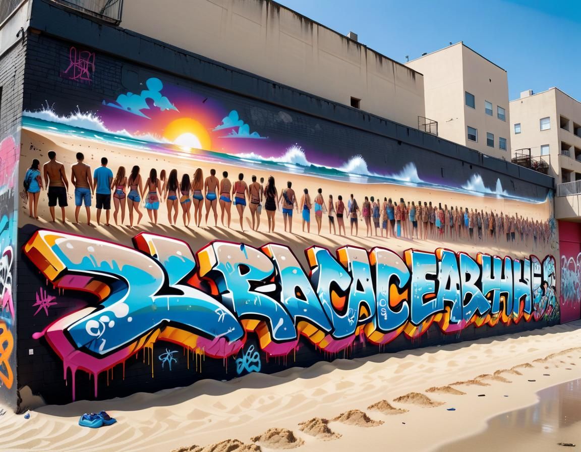 Urban Graffiti Art: Beach Scene on City Wall