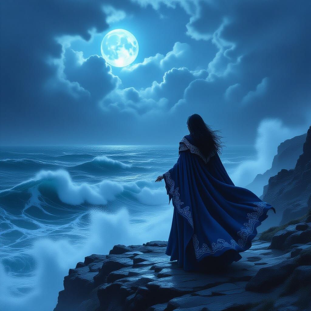 Sorceress on Cliff Overlooking Stormy Sea in Hyperrealistic ...