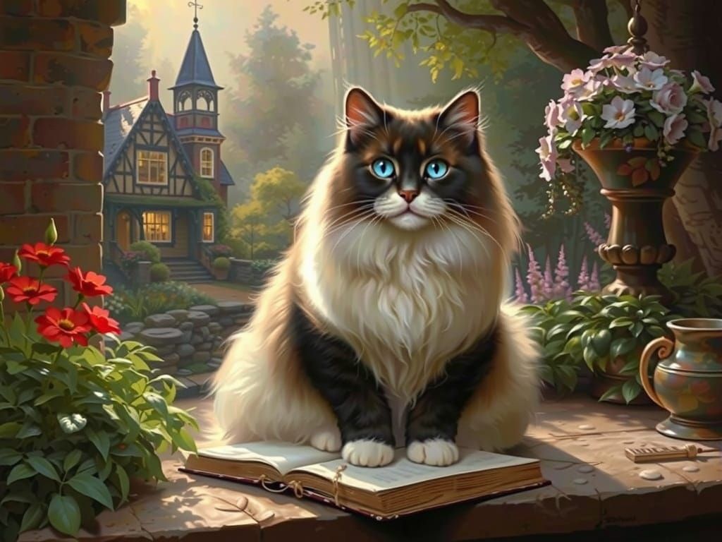 Whimsical 1950s Cottage Scene with Hyperrealistic Ragdoll Ca...