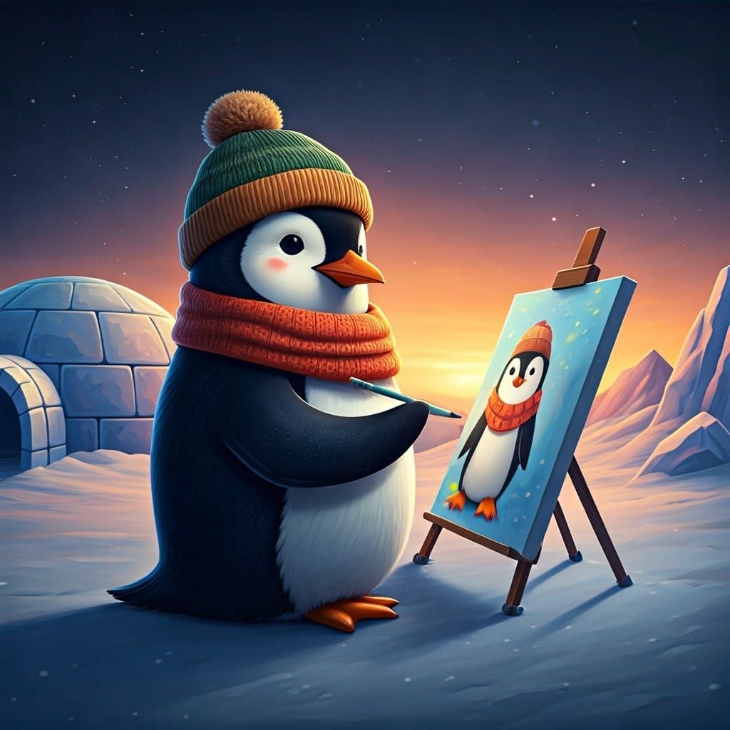 Penguin Artist Creates Whimsical Igloo Scene in Cosmic Art D...