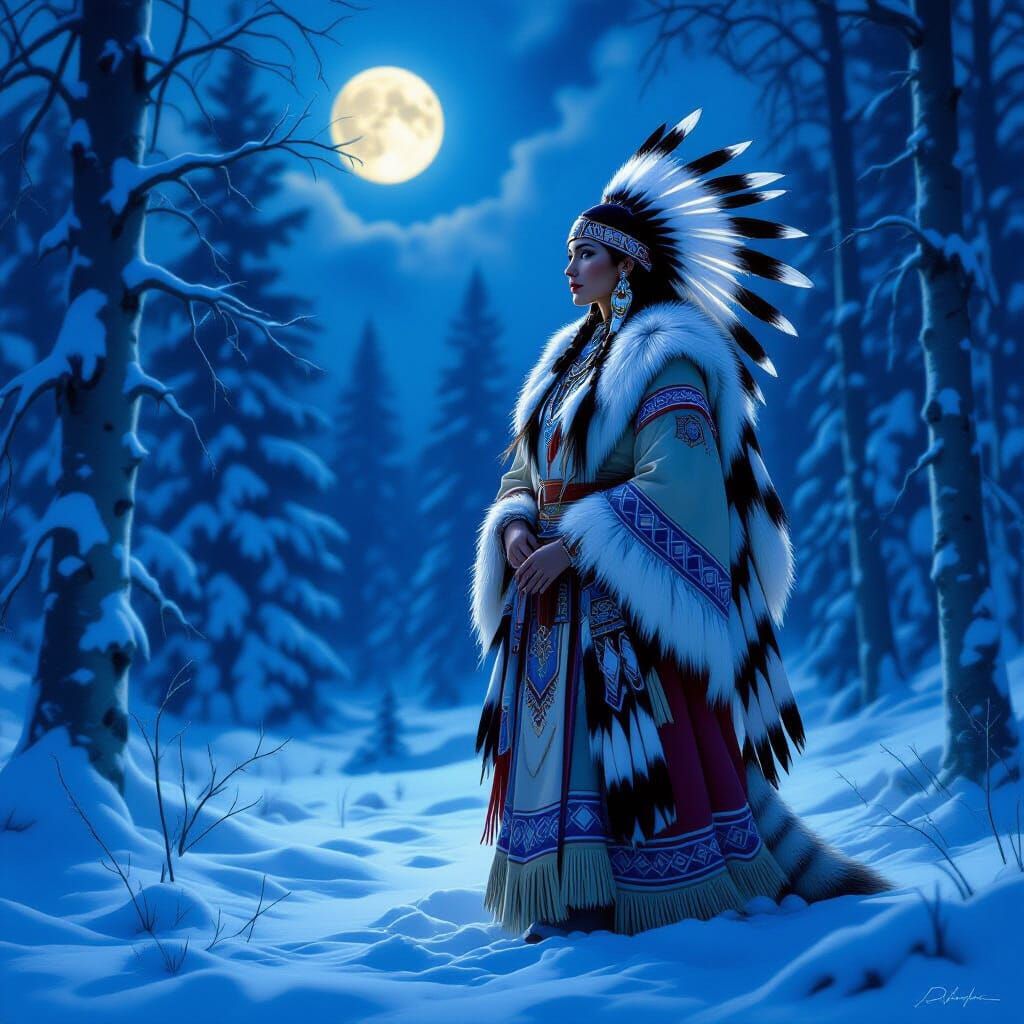 A woman in traditional Native American clothing, adorned wit...