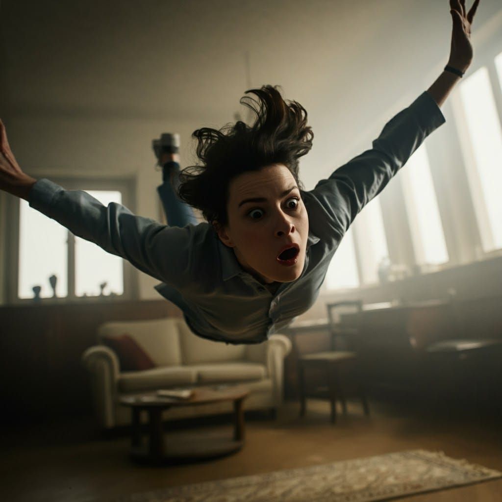 Suspended Fall: Surreal Moment in Cinematic Style