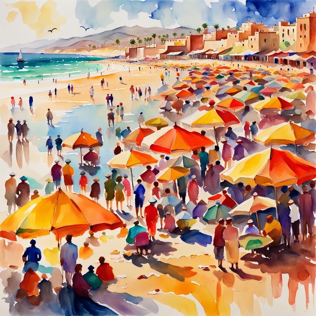 Crowded Moroccan Beach in Vibrant Watercolor
