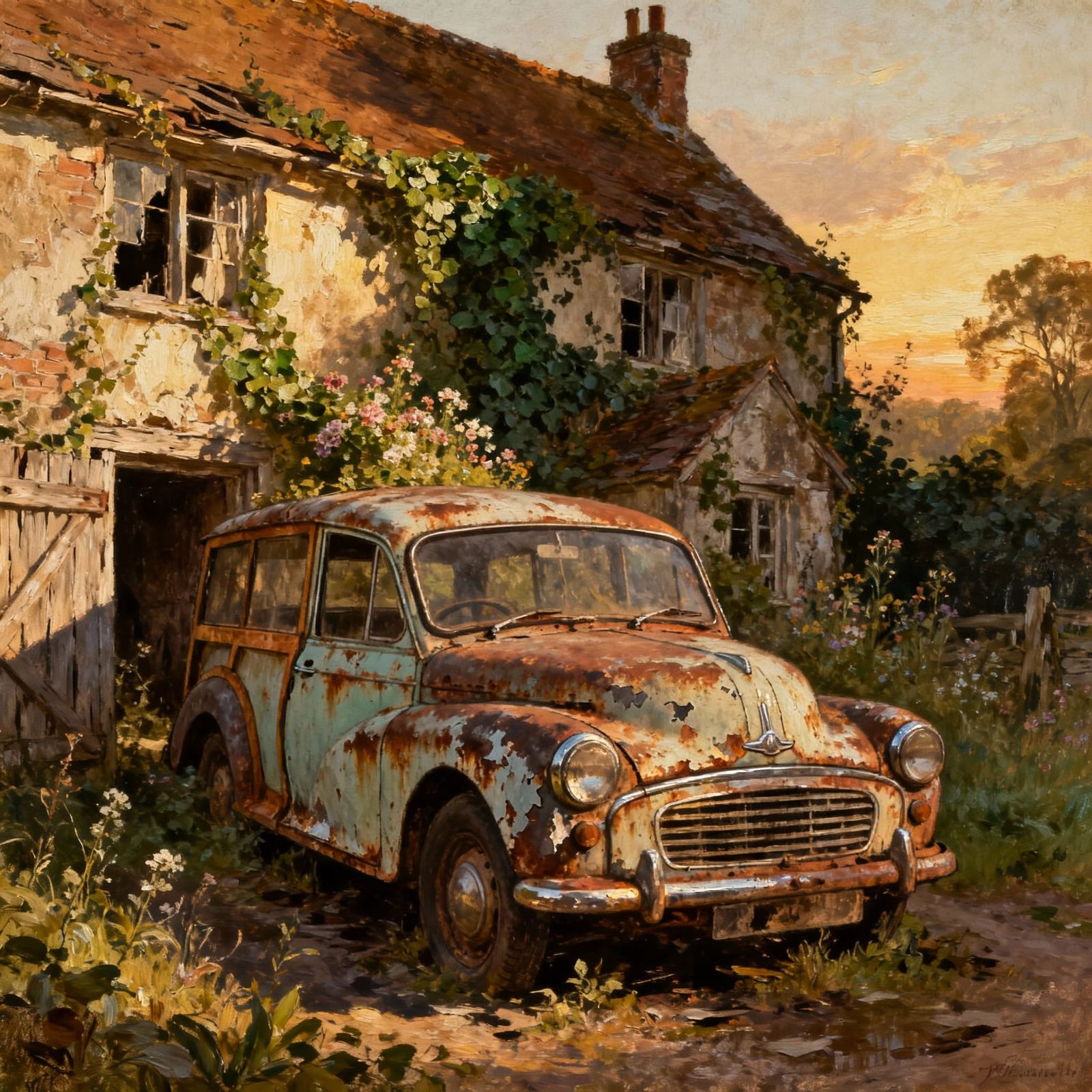 Vintage Morris Minor Traveler in Romantic Ruin
