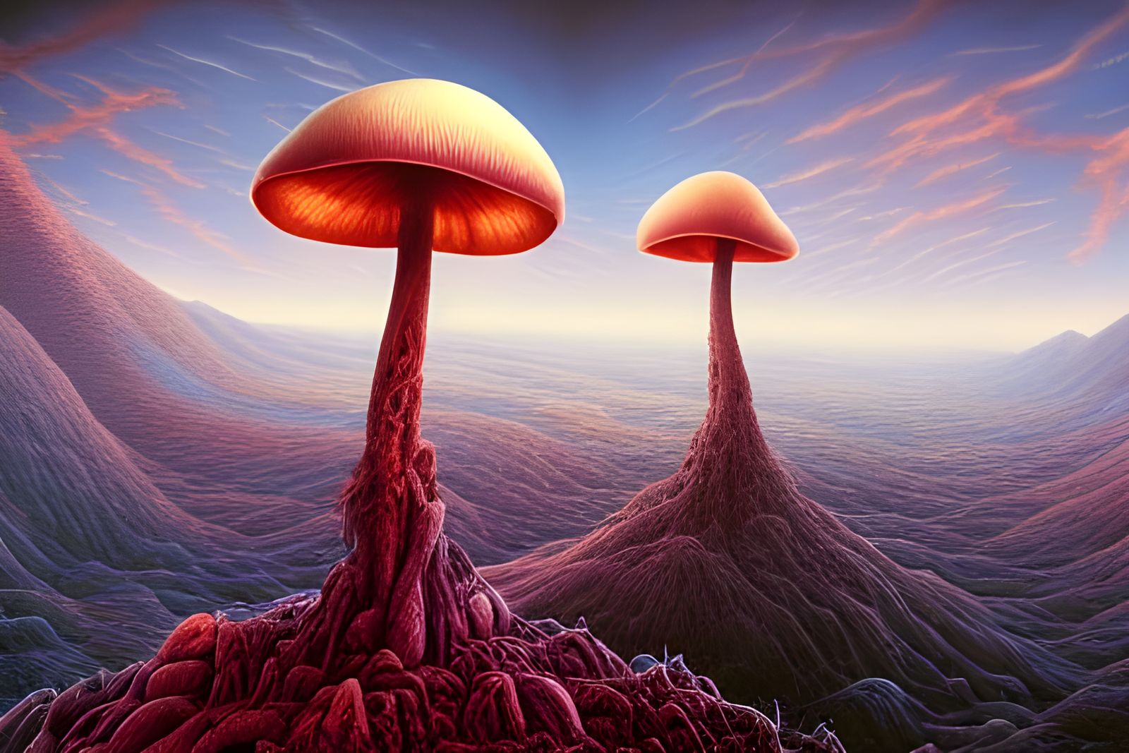 Mushroom Gods in Surreal Biomechanical Landscape