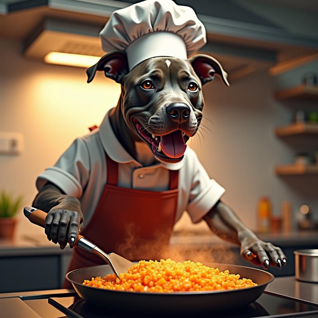Pitbull Chef Cooking in Pop Art Kitchen