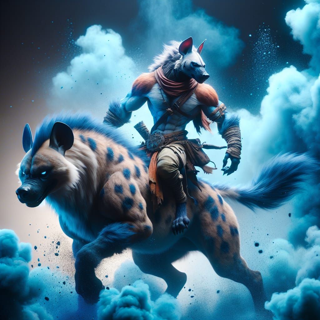 Hyena Warrior Rides Blue Fur Hyena: Digital Matte Painting