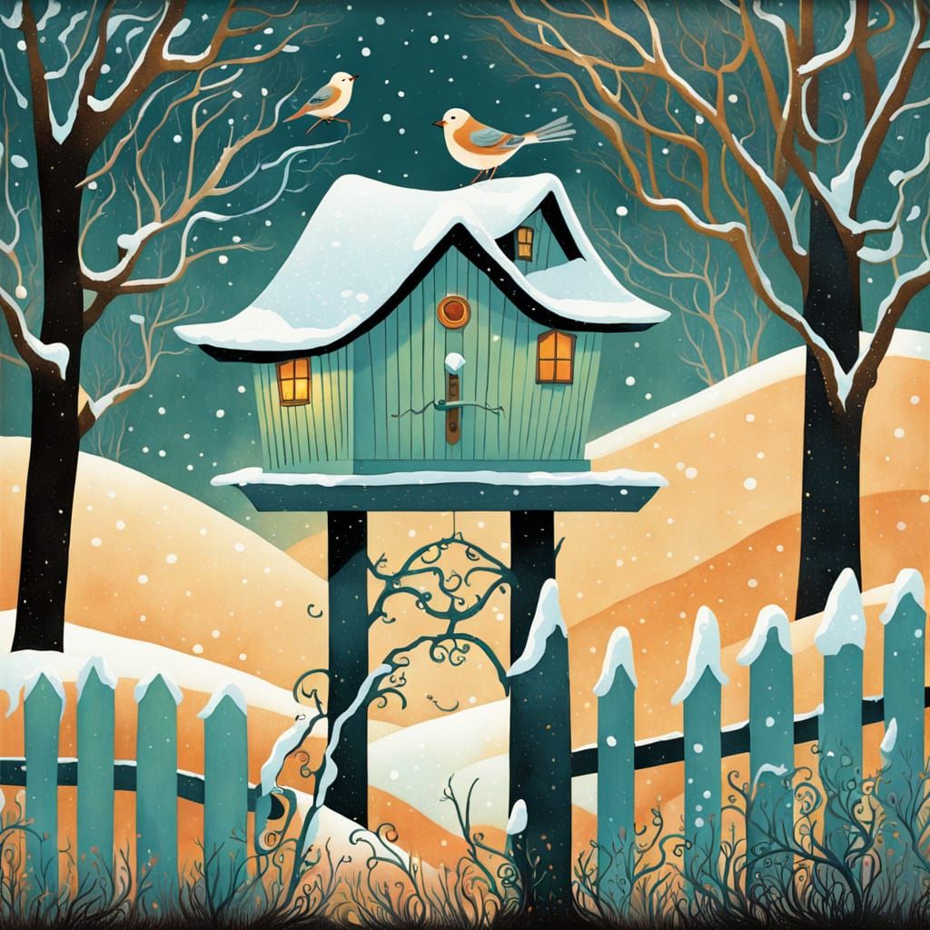 Winter Birdhouse: Intricate Illustration
