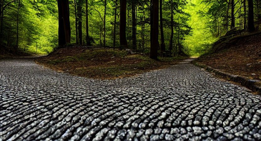 Hyperrealistic Cobblestone Road Through Forest