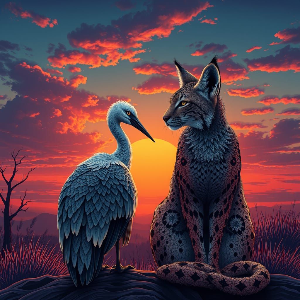 Crane and Lynx Watching Sunset in Abstract Style