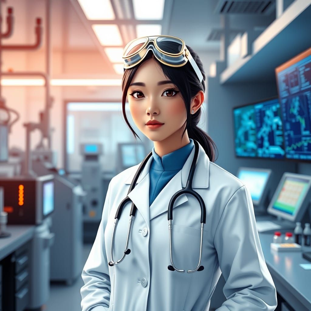Asian Female Scientist in Modern Laboratory, Exquisite 3D An...