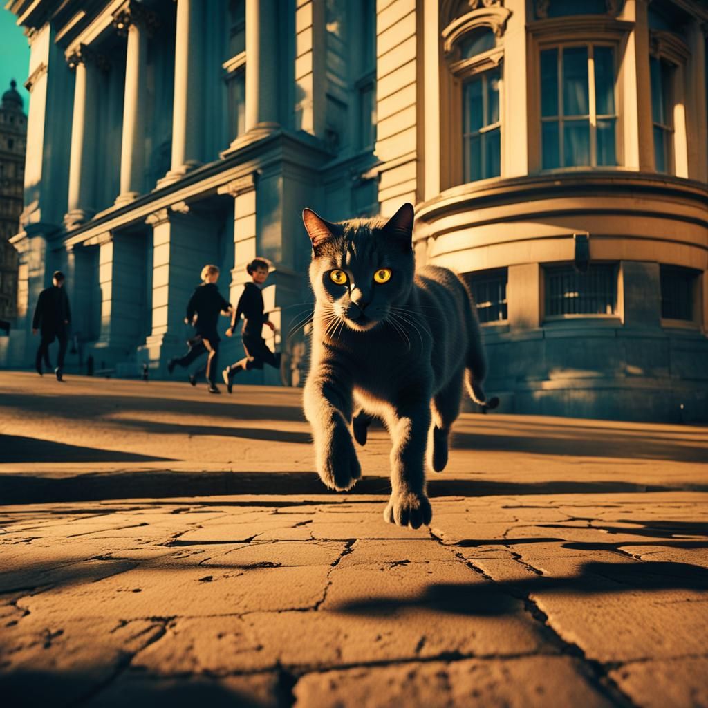 Tiny Humans Fleeing Giant Cat in Noir Film