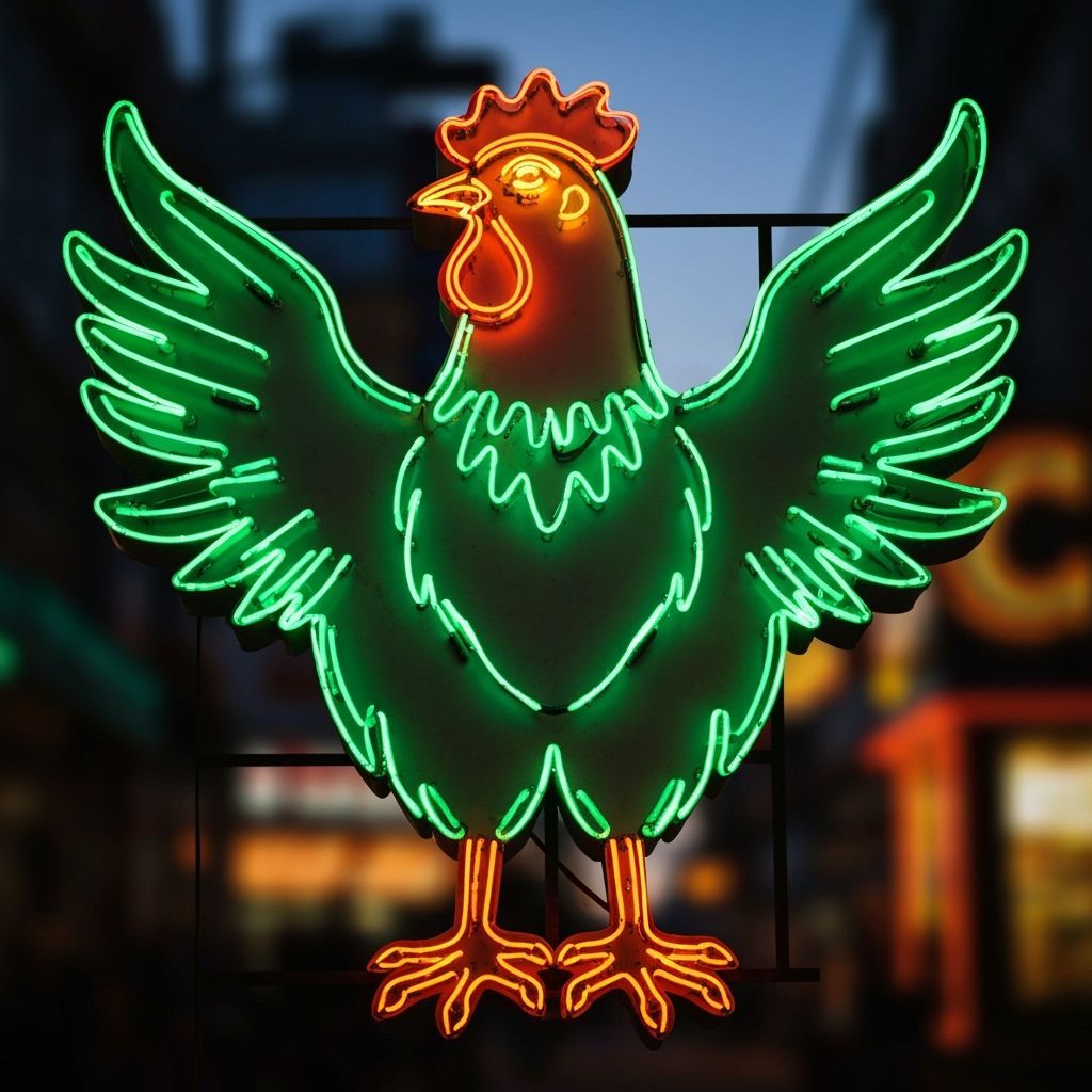 Vintage Neon Chicken Sign in Green and Orange