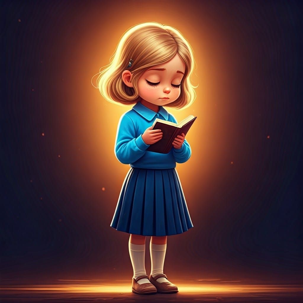 Serene Girl in Blue Prays in Vibrant Hyperrealistic Scene