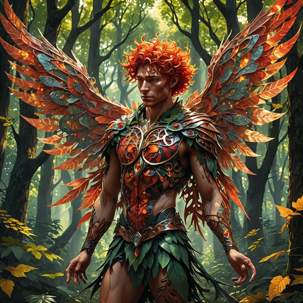 Fae Man with Wings in Forest, Abstract Vector Fractal