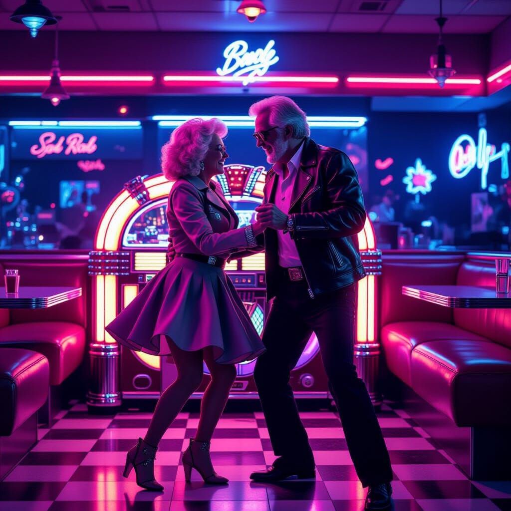 Elderly Couple Rock and Roll Dancing in Neon Diner