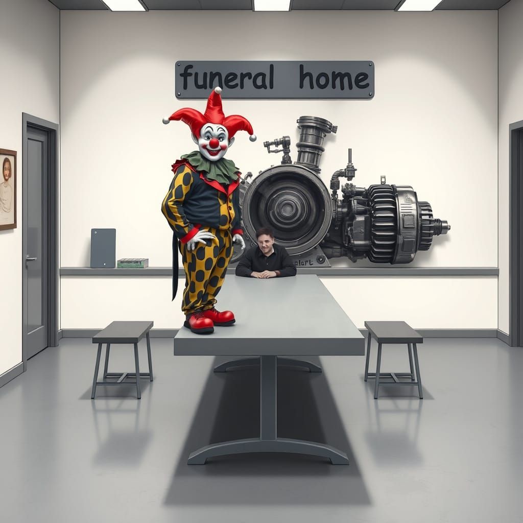 Humorous Boss Clown in Funeral Home, Steampunk Style