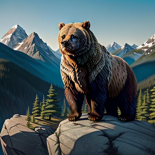 majestic grizzly bear stands proudly on a rocky cliff overlooking a breathtaking mountain landscape. The bear's fur is a...