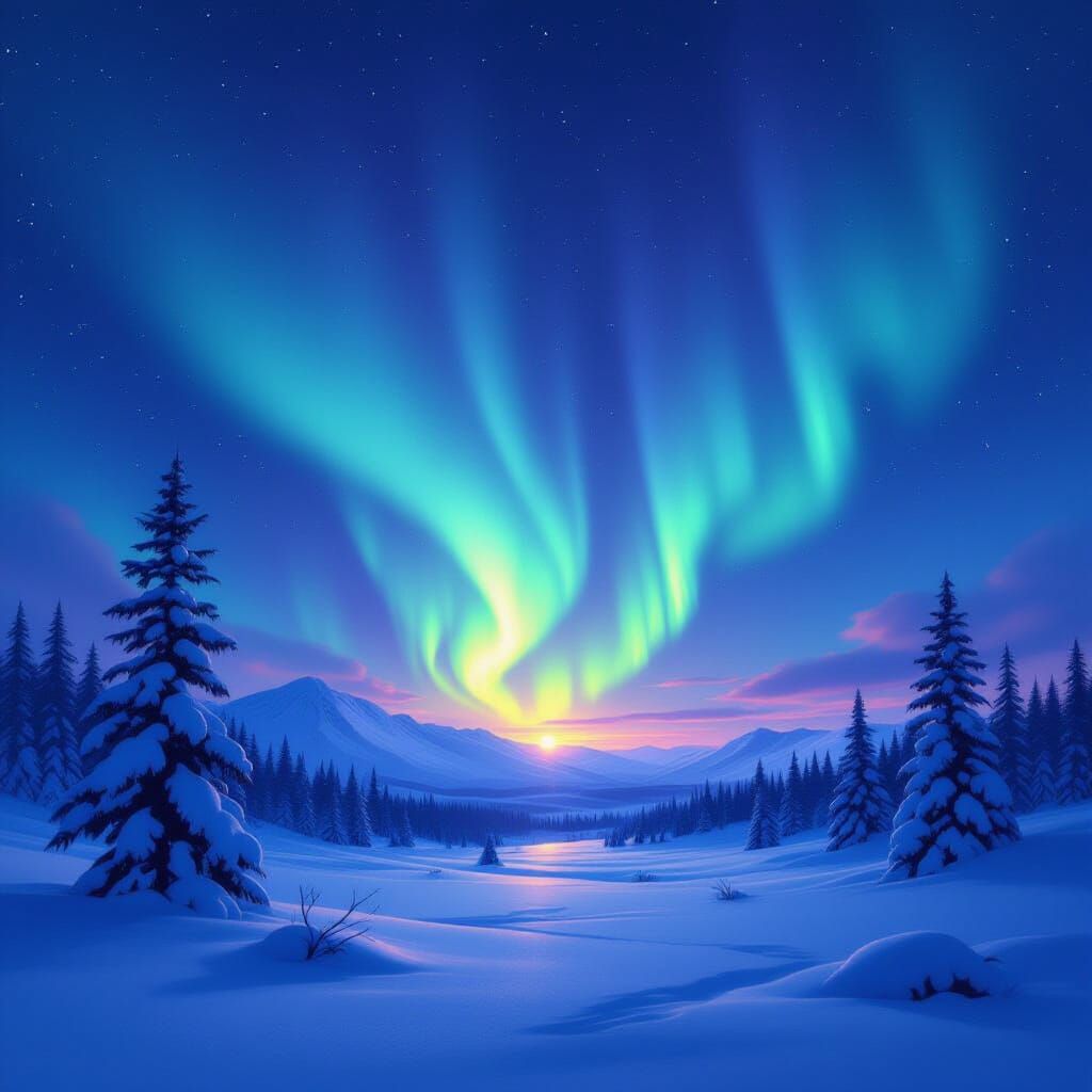Ethereal Aurora Borealis Over Snowy Landscape
