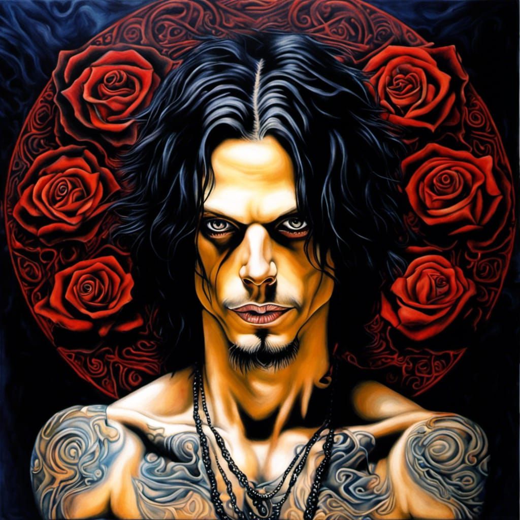 Gothic Figure with Roses: Acrylic Painting