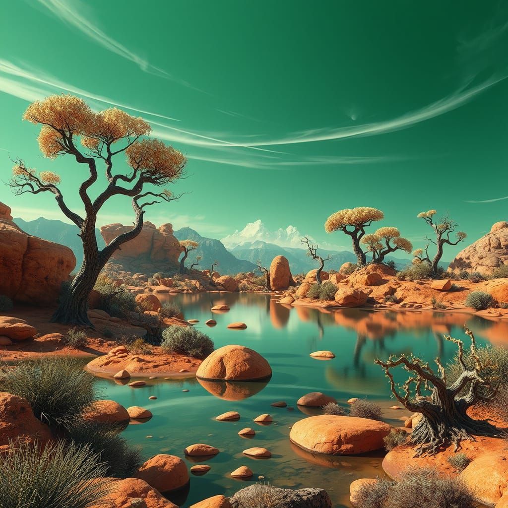 Realistic Alien Lakefront Landscape with Gnarled Trees and I...