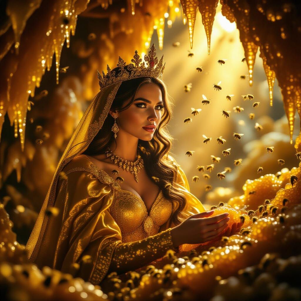 Queen of Bees Amidst Golden Honey Hives
