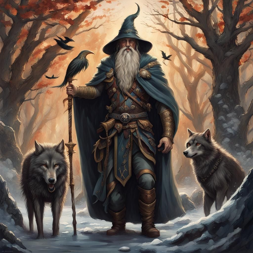 Odin with Gungnir, Wolves, and Ravens: Detailed Digital Pain...