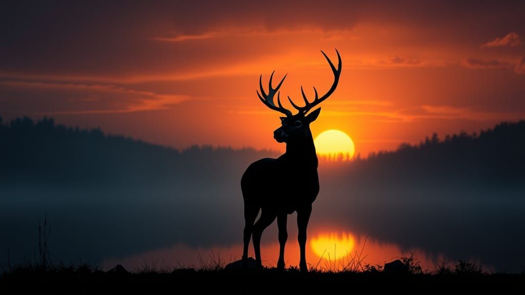 Ethereal Deer Silhouette Emerges at Sunset over a Misty Lake...
