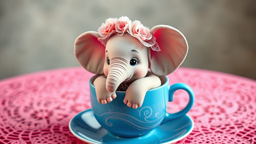 Baby Elephant in Floral Bonnet and Coffee Mug