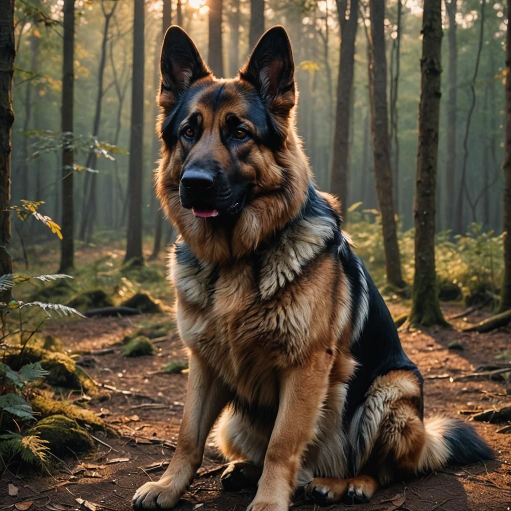 German Shepherd in Forest at Dusk: Realistic Photo