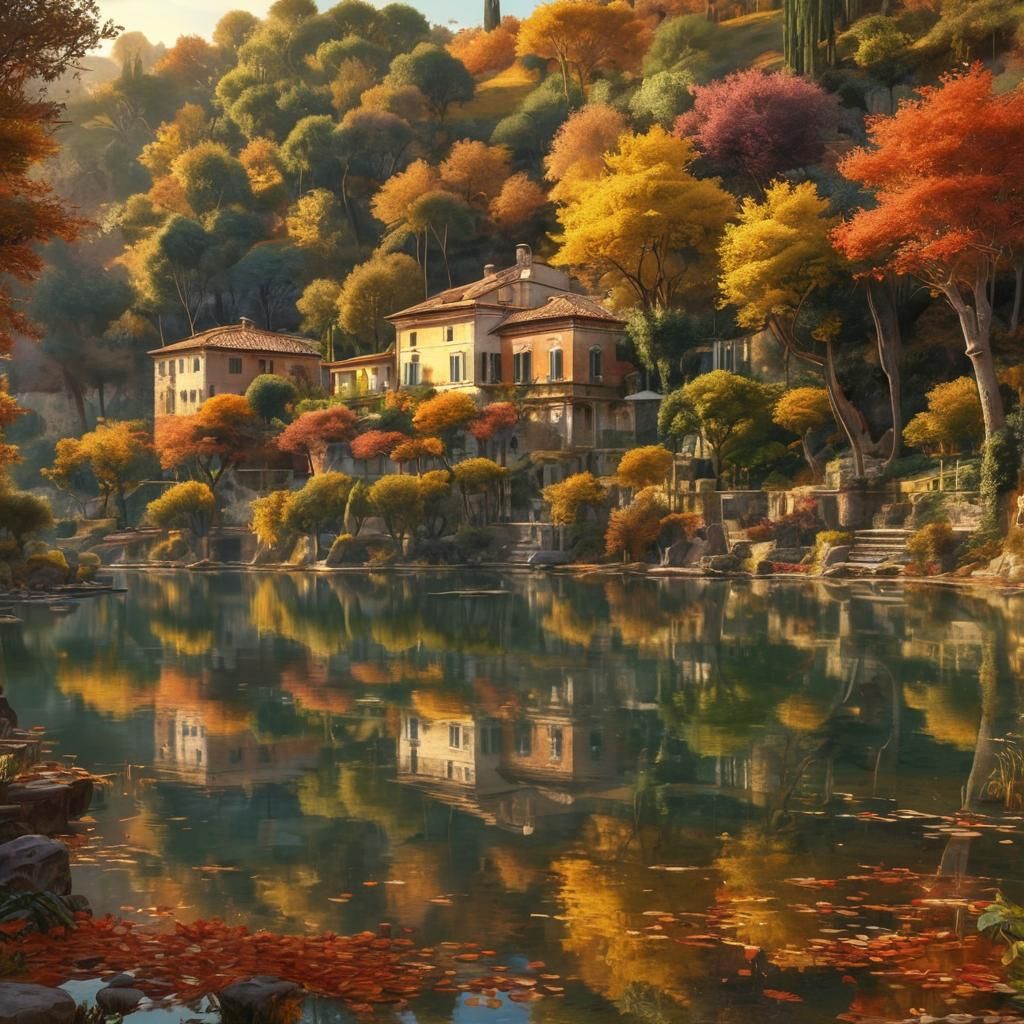 Autumnal Rome Landscape with Mountain Lake Reflection