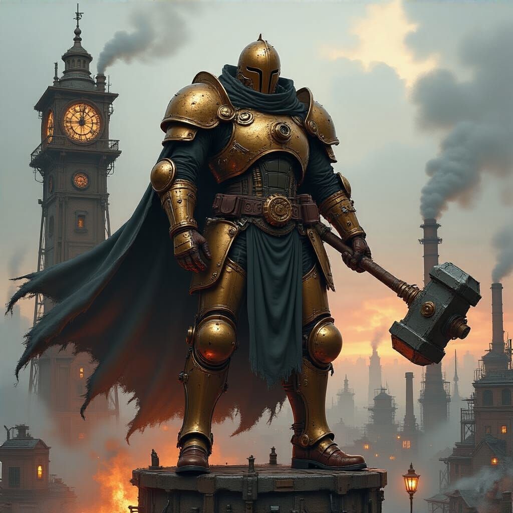 Steampunk Knight in Burning Industrial Cityscape
