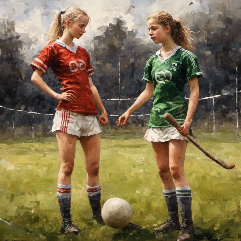 Girls Play Hurling on Pitch in Oil Painting Style