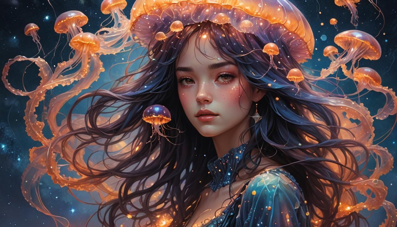 Jellyfish Girl Portrait in Atmospheric Oil Painting