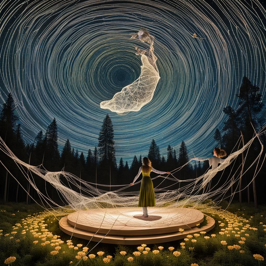 String Woman Dancing with Birds in Warped Forest