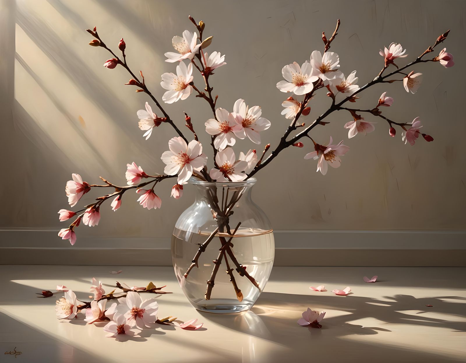 A detailed cherry blossom branch in a vase with petals on the floor and sunlight from the left