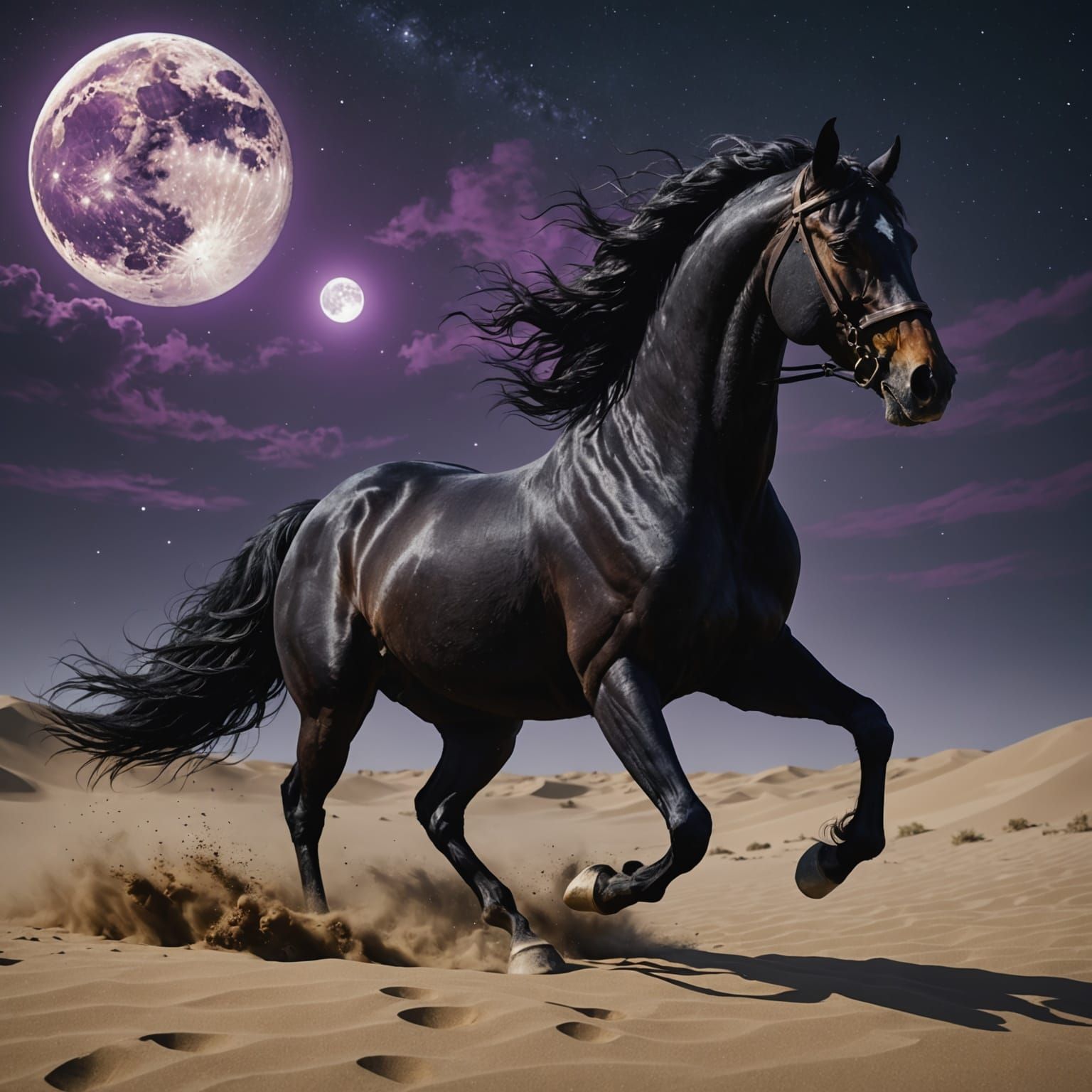A Black Stallion Rides Under the Moonlit Desert Night