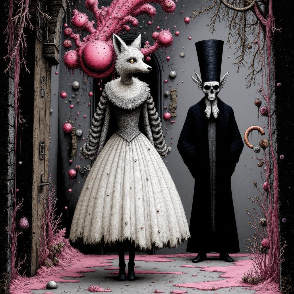 Gouache Painting: Fox Flees Loveheart Factory in Dark Fantas...