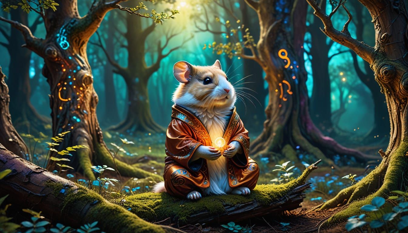 Hamster Monk Meditating in Mystical Forest Alcohol Ink Art