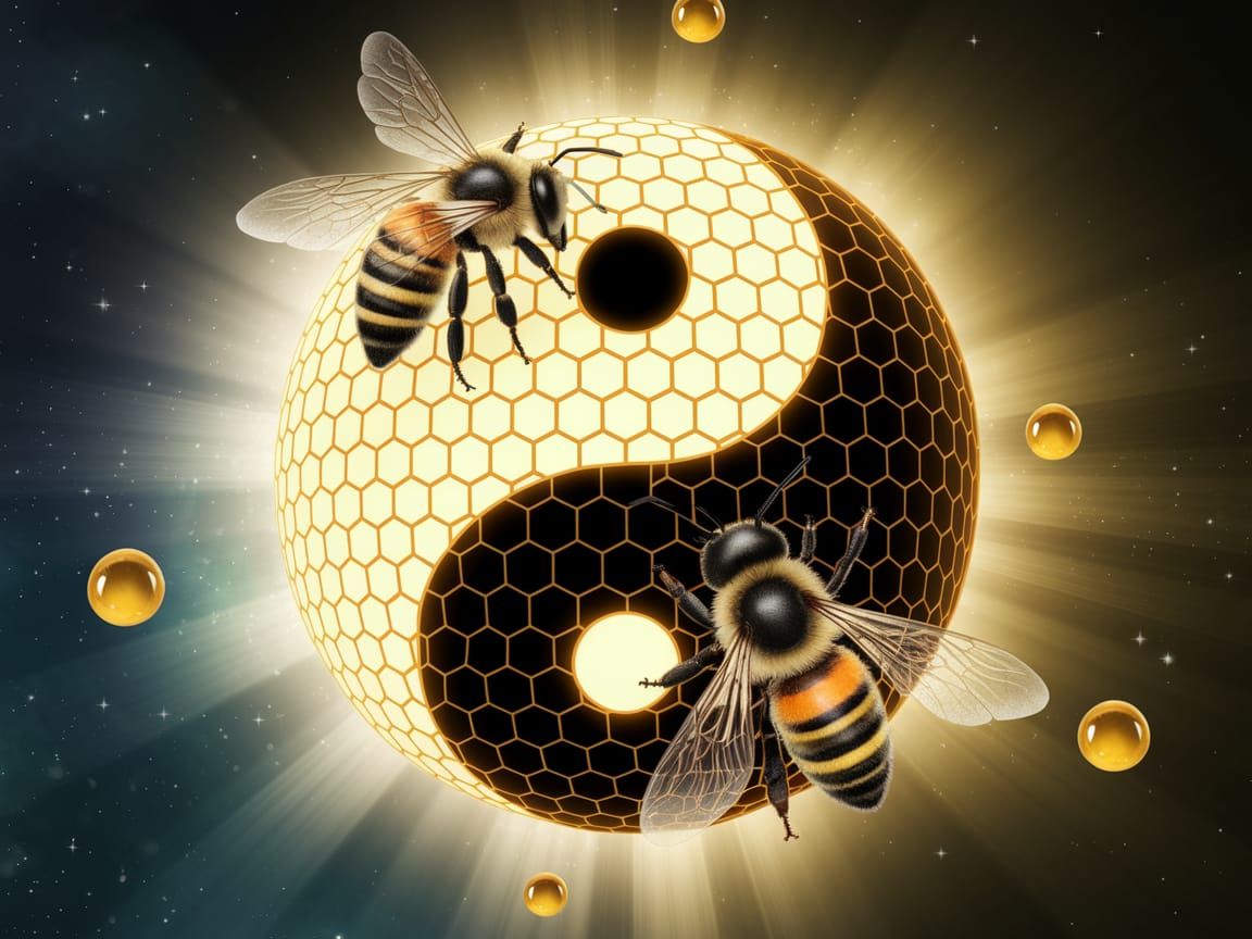 Bees on Glowing Spherical Honeycomb Yin Yang Symbol