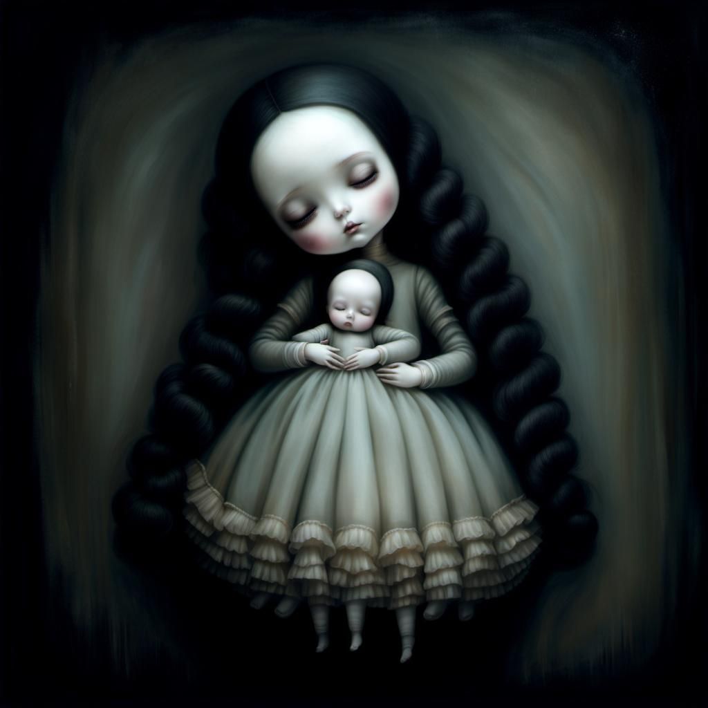 Eerie Doll with Baby in the Dark