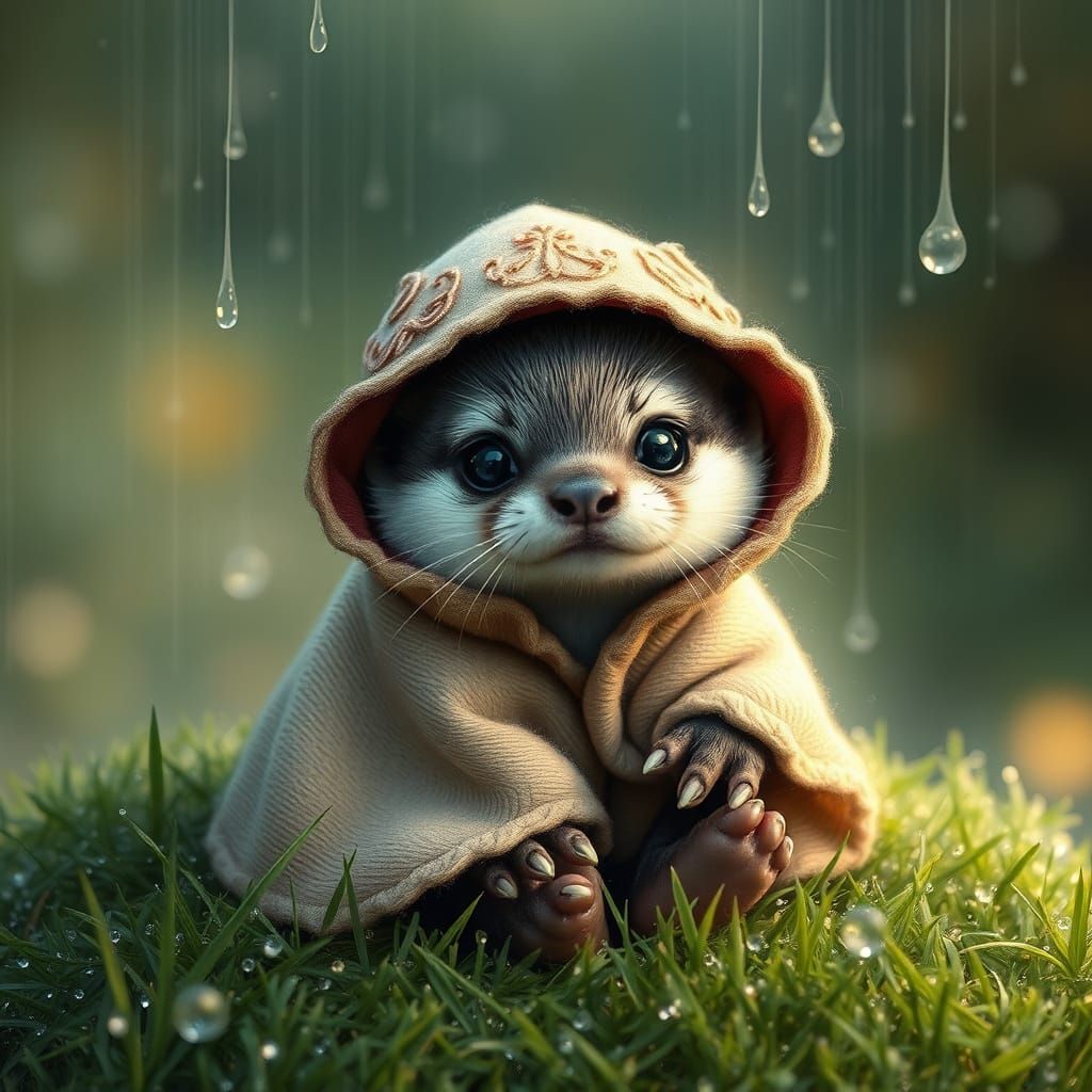 Enchanted Otter Pup in Whimsical Rainy Scene