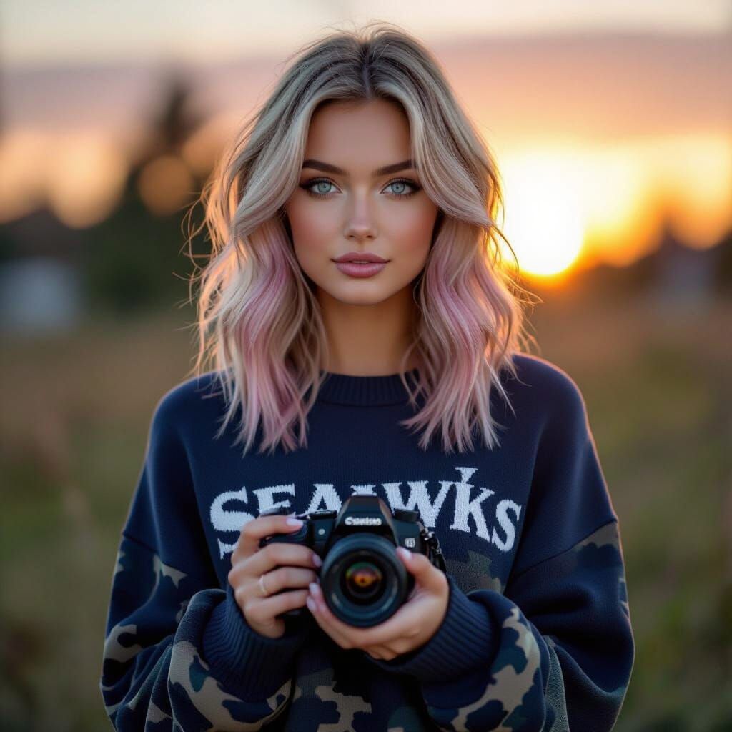 Woman with Blonde Pink Hair and Unique Eyes at Sunset
